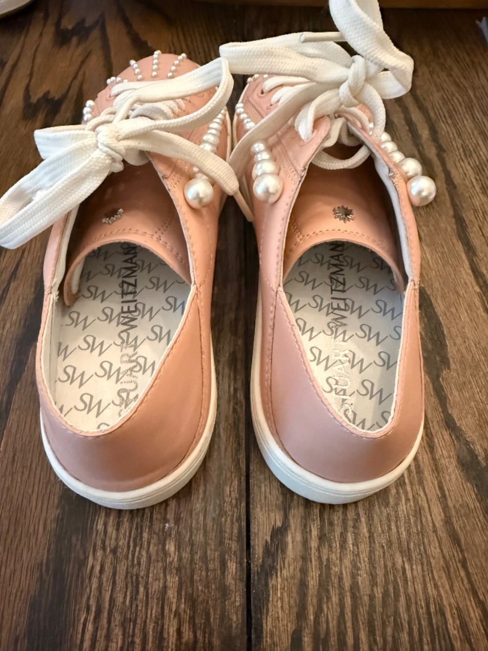 Stuart Weitzman Pink Leather Pearl-Embellished Sneakers - Picture 3 of 5